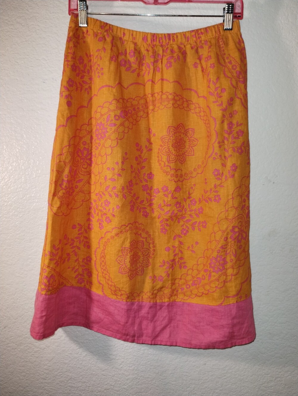 FLAX Pink Orange Flower Boho Skirt 100% Linen sz Small